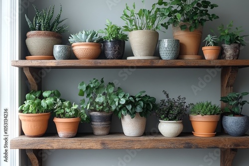 Many different plants sitting on rustic wooden shelves