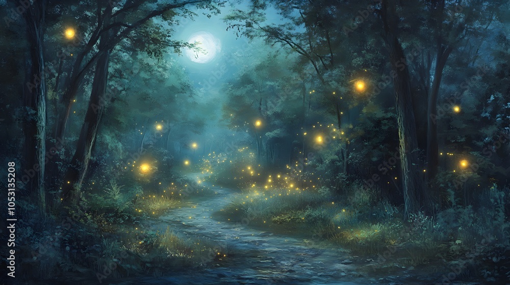 Obraz premium Mystical Fireflies Floating in Moonlit Forest Landscape
