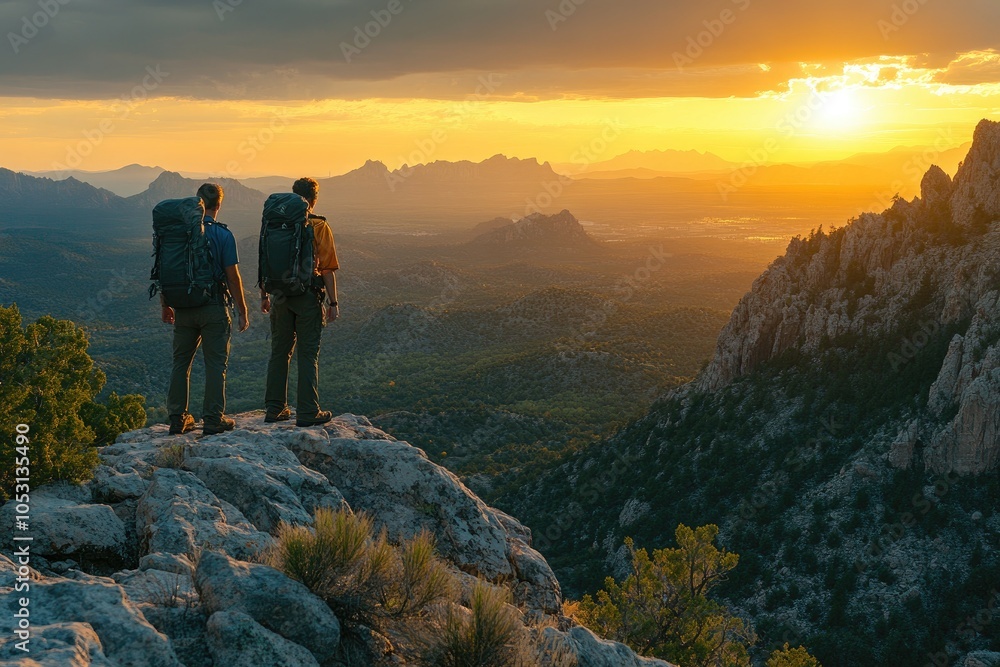 Backpackers enjoying sunset view from mountain top Backpackers enjoying sunset view from mountain top