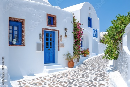 Traditional whitewashed houses with blue doors and windows lining cobblestone street in santorini, greece