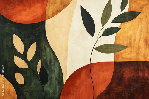 Composition abstraite végétale aux tons chauds et formes arrondies

