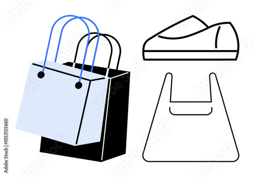 Shopping bags with handles, a plastic bag, and a shoe outline in minimalist style. Ideal for retail, e-commerce, fashion, marketing, advertising, promotions, online stores. Line metaphor