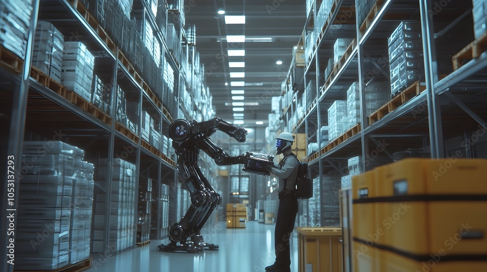 Naklejka premium Robotic Exoskeleton Assisting Worker in High Tech Warehouse Advanced Machinery and Gleaming Aesthetics