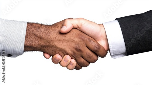 A photostock of a handshake between two businesspeople of different ethnicities, symbolizing partnership.