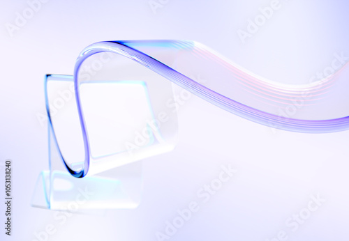 3d abstract liquid glass transparent clear ribbon chromatic fold wave line render. Rainbow fluid flow curve shape with light holographic gradient texture. Flying glossy design element. 3D illustration