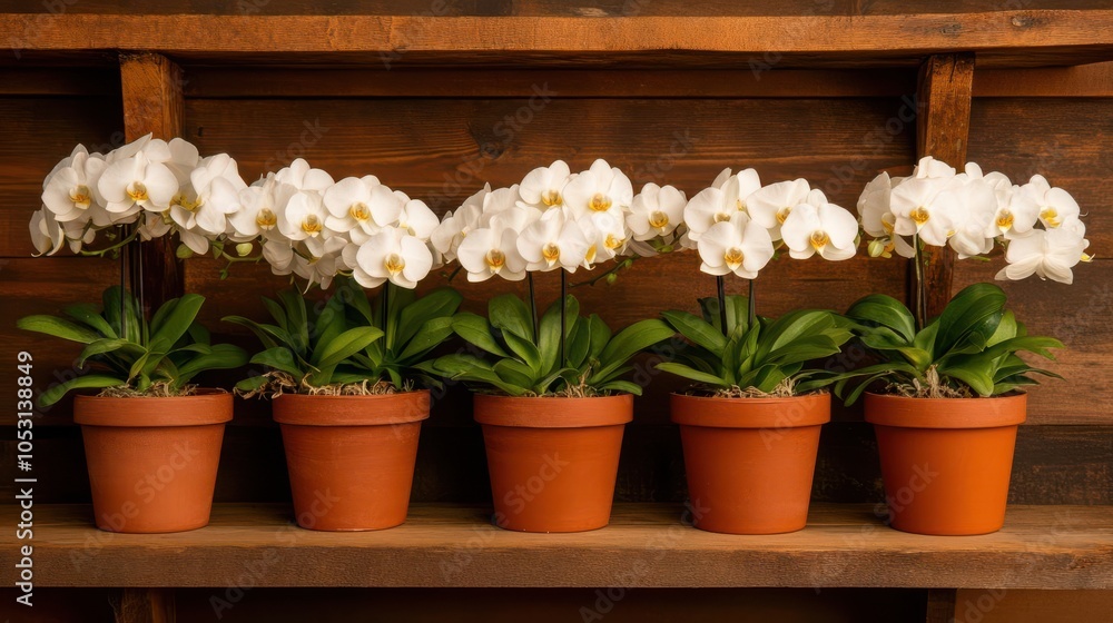 Five pots of beautiful white orchids displayed on a wooden shelf, showcasing their vibrant blooms and lush green leaves. A perfect example of elegance and nature's beauty. Five pots of beautiful white orchids displayed on a wooden shelf, showcasing their vibrant blooms and lush green leaves. A perfect example of elegance and nature's beauty.