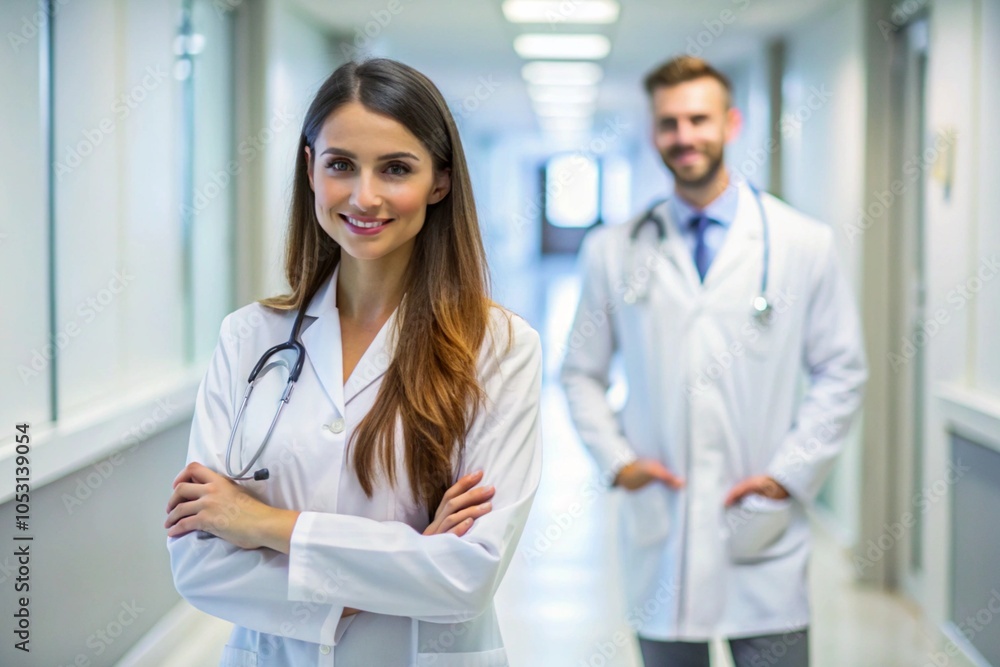 Cute brunette in medical gown and a stethoscope in an hospital Cute brunette in medical gown and a stethoscope in an hospital