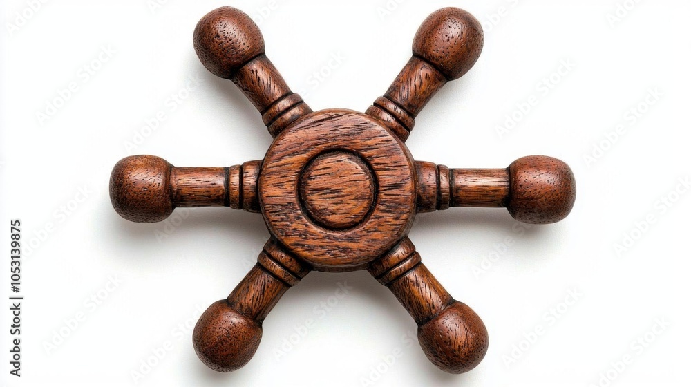 A photostock of a wood ship steering wheel isolated on a white background, symbolizing sailing. A photostock of a wood ship steering wheel isolated on a white background, symbolizing sailing.
