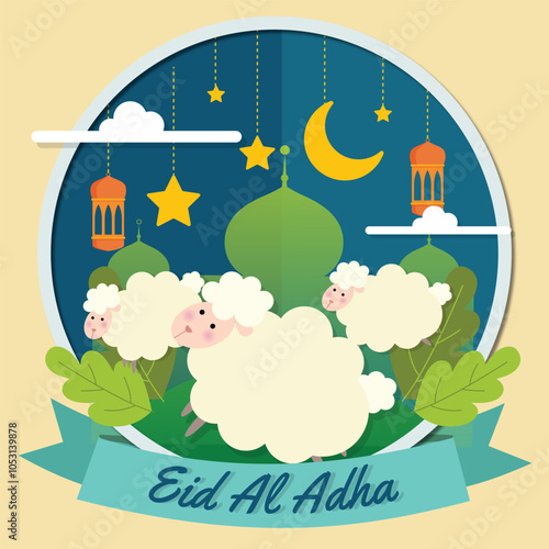 Eid-Al-Adha illustration with cute sheep 