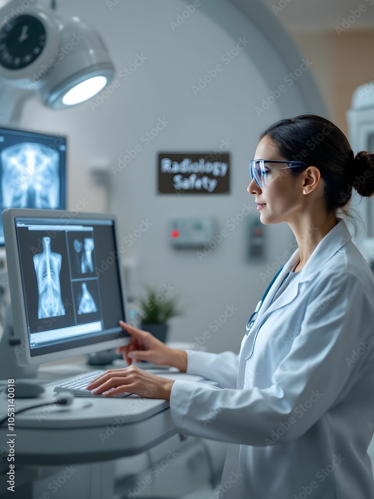Female Doctor in Protective Gear Working, Reading the test results in the Radiology Room with sign Radiology Safety. Female Doctor in Protective Gear Working, Reading the test results in the Radiology Room with sign Radiology Safety.
