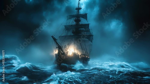 A pirate ship sails through stormy seas engulfed in flames, generative ai