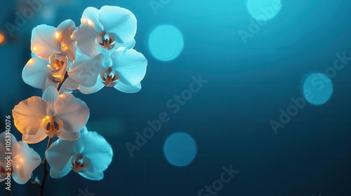 A stunning close-up of elegant white orchids with a soft, blurred blue background, creating a serene and calming atmosphere, perfect for floral-themed designs.