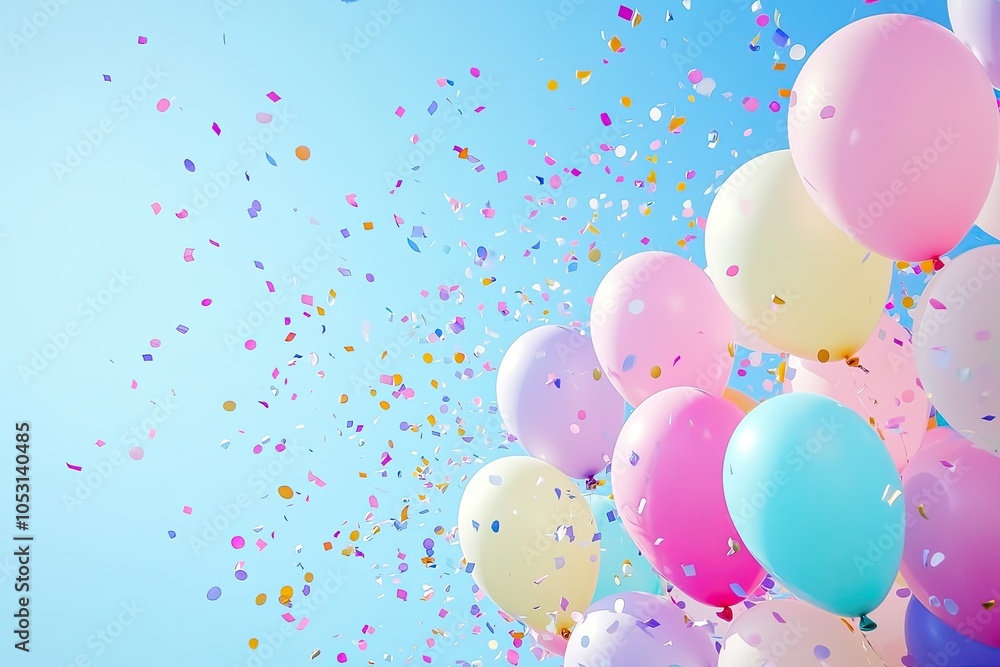 Colorful balloons with confetti against a bright blue sky. Colorful balloons with confetti against a bright blue sky.