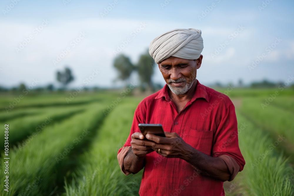 Farmer wearing red shirt and turban uses smartphone in lush green field, showcasing technology in agriculture. Farmer wearing red shirt and turban uses smartphone in lush green field, showcasing technology in agriculture.