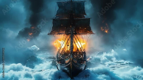 A pirate ship sails through stormy seas engulfed in flames, generative ai