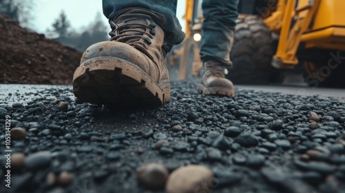 Worker Walking on Gravel Construction Site photo