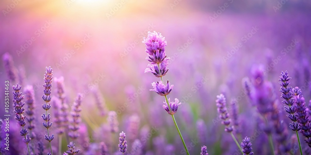 Obraz premium A delicate wildflower blooms in a field of soft purple lavender background, spring, blooming, meadow, nature, landscape
