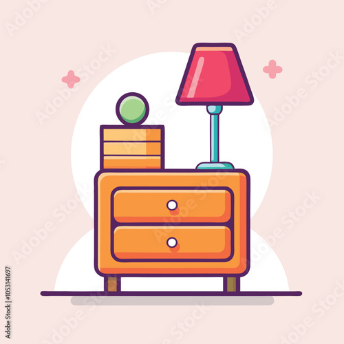 A simple illustration of a wooden nightstand with two drawers, a lamp with a red lampshade, and a small, green orb on top.