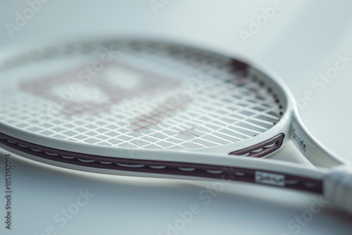 A sleek tennis racket elegantly positioned on a flat background. photo