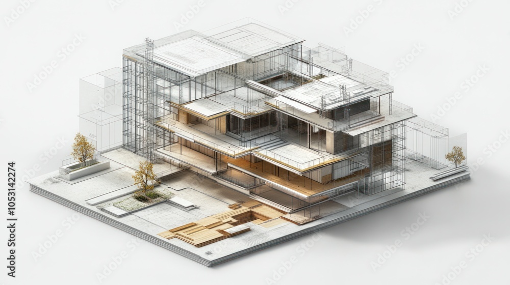 3D construction blueprint with transparent layers for depth 3D construction blueprint with transparent layers for depth