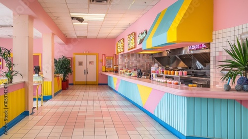 Retro 1980s mall food court transformation with vibrant design