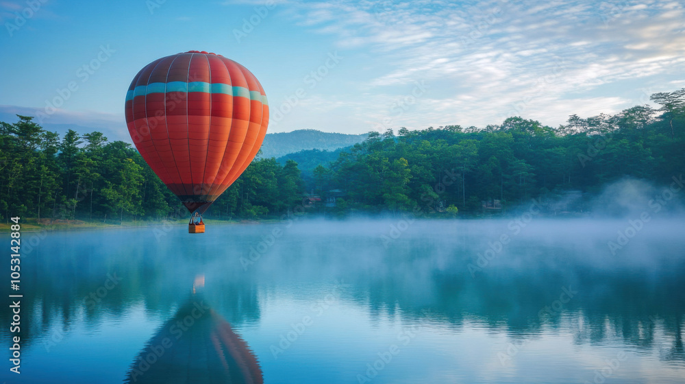 Fototapeta premium vibrant hot air balloon floats gracefully over serene blue lake, surrounded by lush greenery and morning mist. tranquil scene evokes sense of peace and adventure
