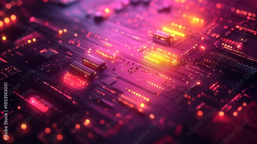 Fototapeta premium Abstract view of a glowing circuit board with vibrant lights.