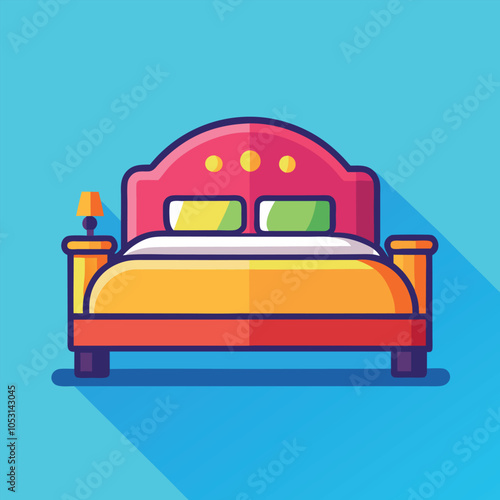 A simple illustration of a bed with a nightstand and lamp.