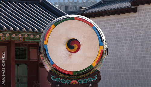 Korean traditional drum called buk, with Taegeuk symbol, Seoul, South Korea