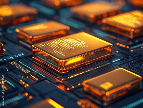 Close-up view of glowing electronic chips on a circuit board, showcasing the intricate details and vibrant orange highlights. photo