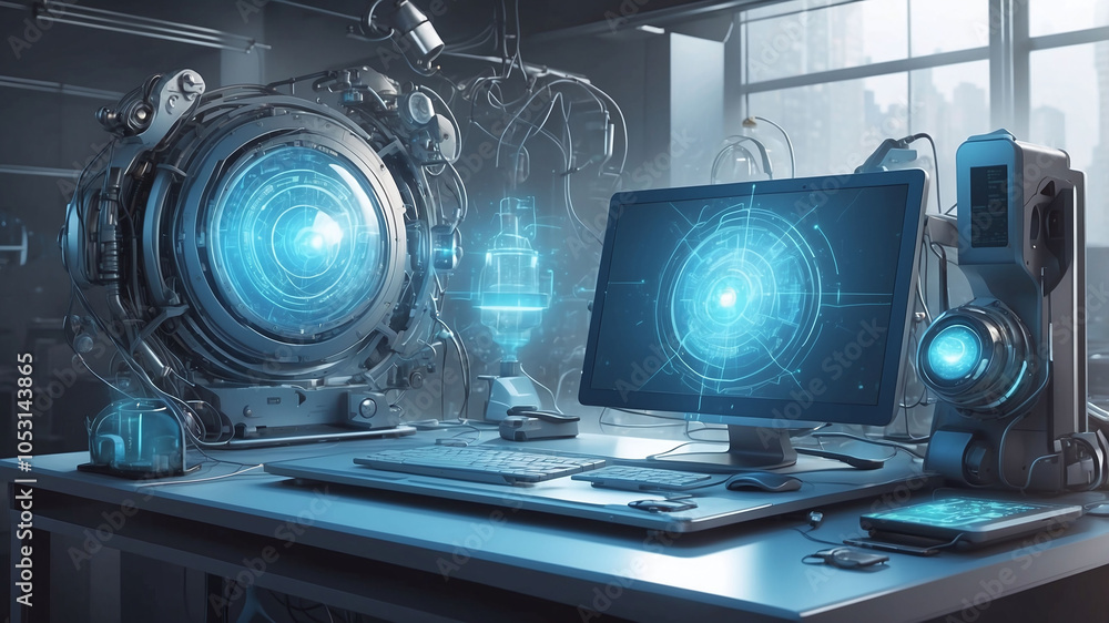 Concept of innovation shown through futuristic devices emerging from an old machine Concept of innovation shown through futuristic devices emerging from an old machine