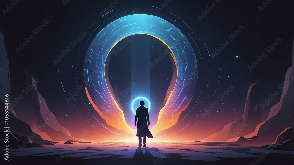 Concept of the unknown illustrated as a figure stepping through a glowing portal Concept of the unknown illustrated as a figure stepping through a glowing portal