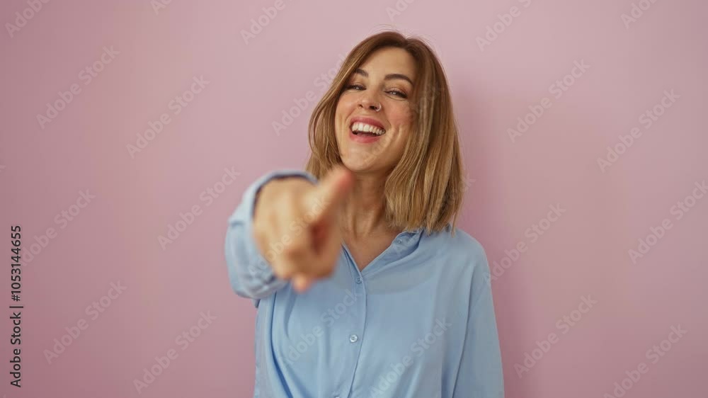 Young woman with blonde hair and a blue shirt smiles and points at the camera while standing against an isolated pink background wall Young woman with blonde hair and a blue shirt smiles and points at the camera while standing against an isolated pink background wall