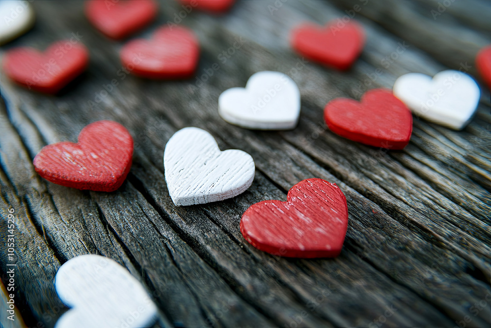 Fototapeta premium Red and white hearts scattered on a wooden table