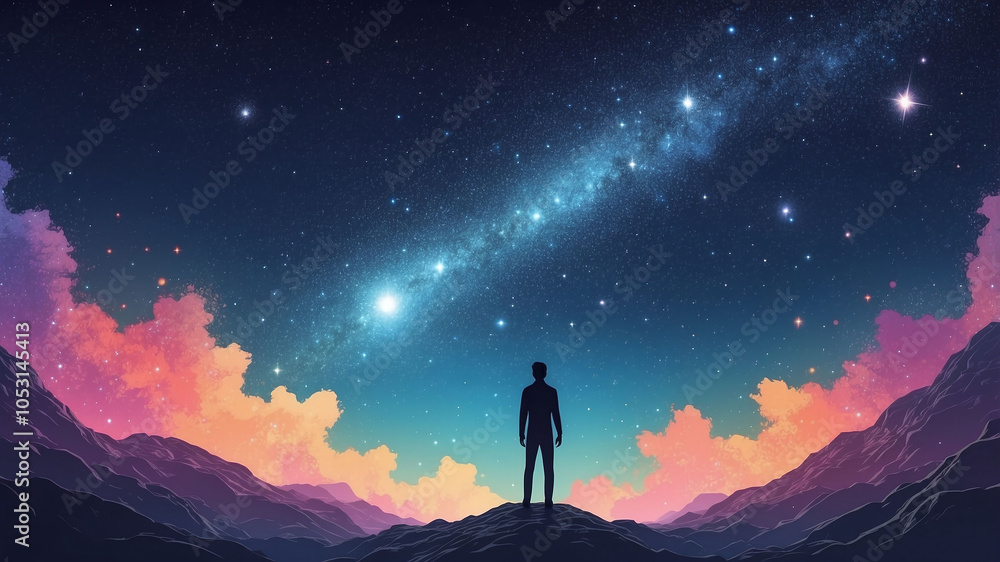 Concept of the cosmos represented by a person standing in a sea of stars Concept of the cosmos represented by a person standing in a sea of stars