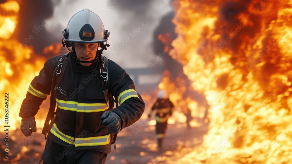A brave firefighter rushes toward danger, battling flames in a dramatic scene of heroism and courage against a fiery backdrop. A brave firefighter rushes toward danger, battling flames in a dramatic scene of heroism and courage against a fiery backdrop.