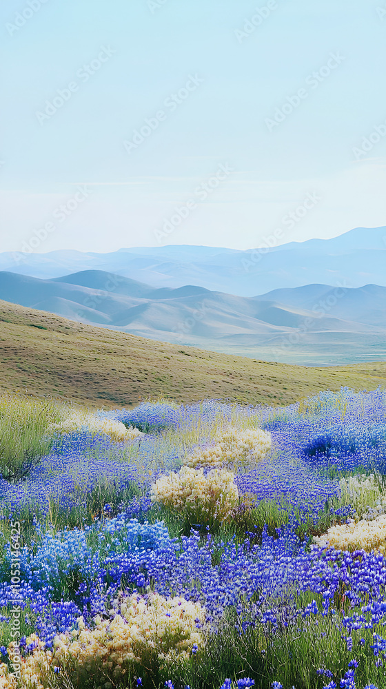 Fototapeta premium Generate a tranquil morning scene with rolling blue hills and wildflowers