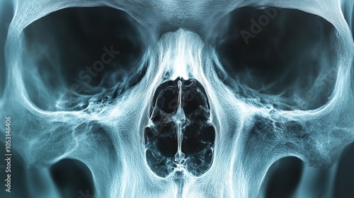 X-ray image of a human skull highlighting bone structure.