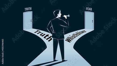 Whistleblower's Dilemma: A man stands at a crossroads, choosing between truth and fear, symbolizing the courage and risk involved in whistleblowing.  