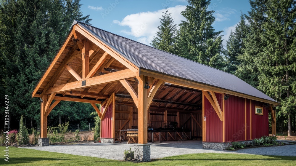 A classic agricultural industrial hangar tent featuring rustic wooden beams and a barn-style roof. A classic agricultural industrial hangar tent featuring rustic wooden beams and a barn-style roof.
