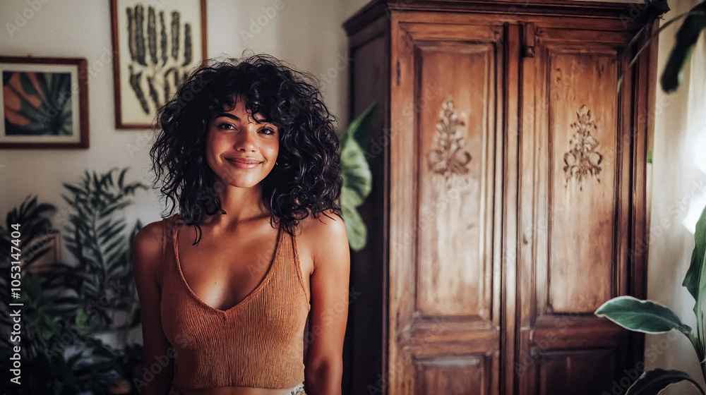 Fototapeta premium Millennial Woman Smiling in Her Apartment Filled With Houseplants