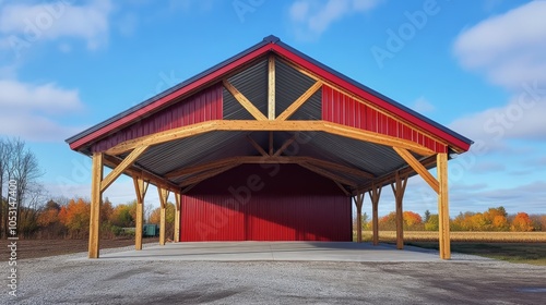 Rustic Charm: A red barn with exposed wooden beams and a large, open space, perfect for a rustic wedding, event, or agricultural setting.