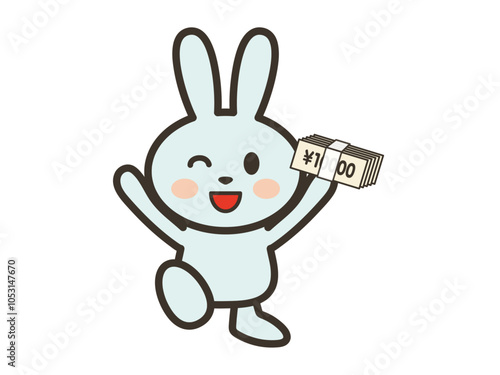 大金をゲットして大喜びのかわいいうさぎさんのイラスト