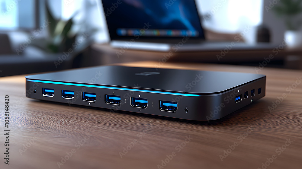 USB-C Hub with Multiple Devices Connected, Shown on a Wooden Desk with a Sleek Laptop in the Background
USB-C Hub with Multiple Devices Connected, Shown on a Wooden Desk with a Sleek Laptop in the Background