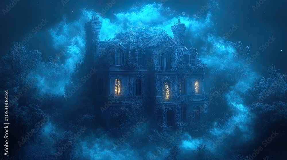 A dilapidated mansion with glowing windows sits in a foggy, nighttime forest, shrouded in mystery. A dilapidated mansion with glowing windows sits in a foggy, nighttime forest, shrouded in mystery.