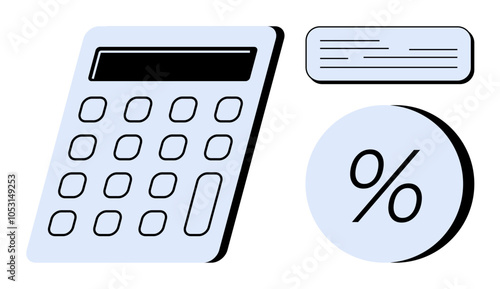 Calculator alongside percentage sign and document outline. Ideal for finance, accounting, budgeting, tax preparation, financial planning, educational purposes, financial analysis. Line metaphor