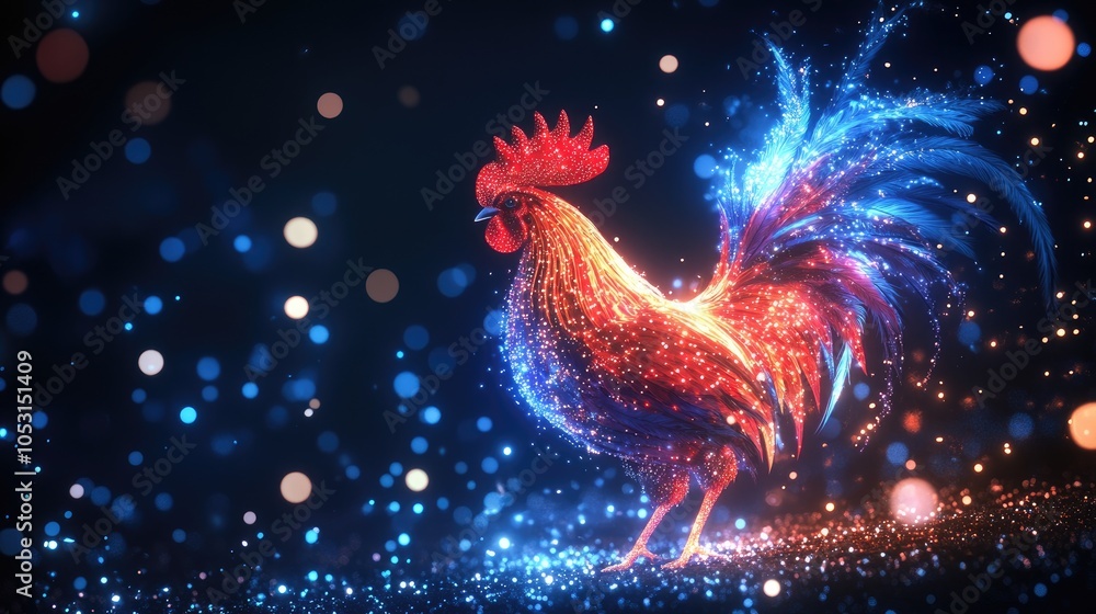 A glowing rooster with red and blue feathers stands on a sparkling surface with bokeh lights in the background. A glowing rooster with red and blue feathers stands on a sparkling surface with bokeh lights in the background.