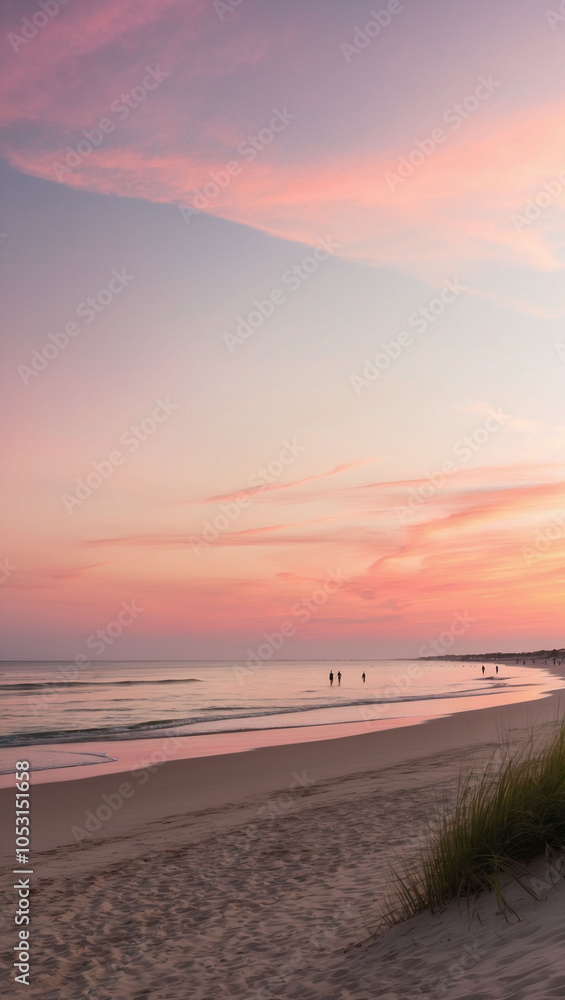 Peaceful evening on a secluded beach with pastel sunset hues Peaceful evening on a secluded beach with pastel sunset hues