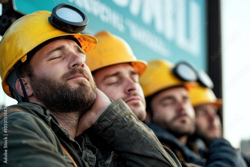 A group of miners wearing yellow helmets and headlamps, resting with eyes closed, suggesting exhaustion and camaraderie in their work environment. A group of miners wearing yellow helmets and headlamps, resting with eyes closed, suggesting exhaustion and camaraderie in their work environment.