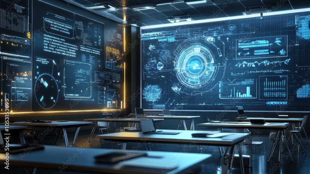 Fototapeta premium A futuristic classroom filled with innovative educational tools, including virtual reality and AI-driven lessons.